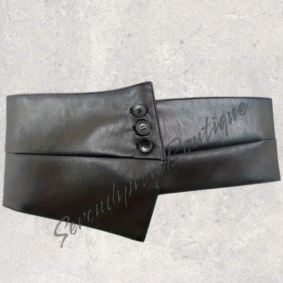 Boho Moto Chic Wide Faux Leather Black Leather Button Detail Statement Belt - Picture 4 of 7